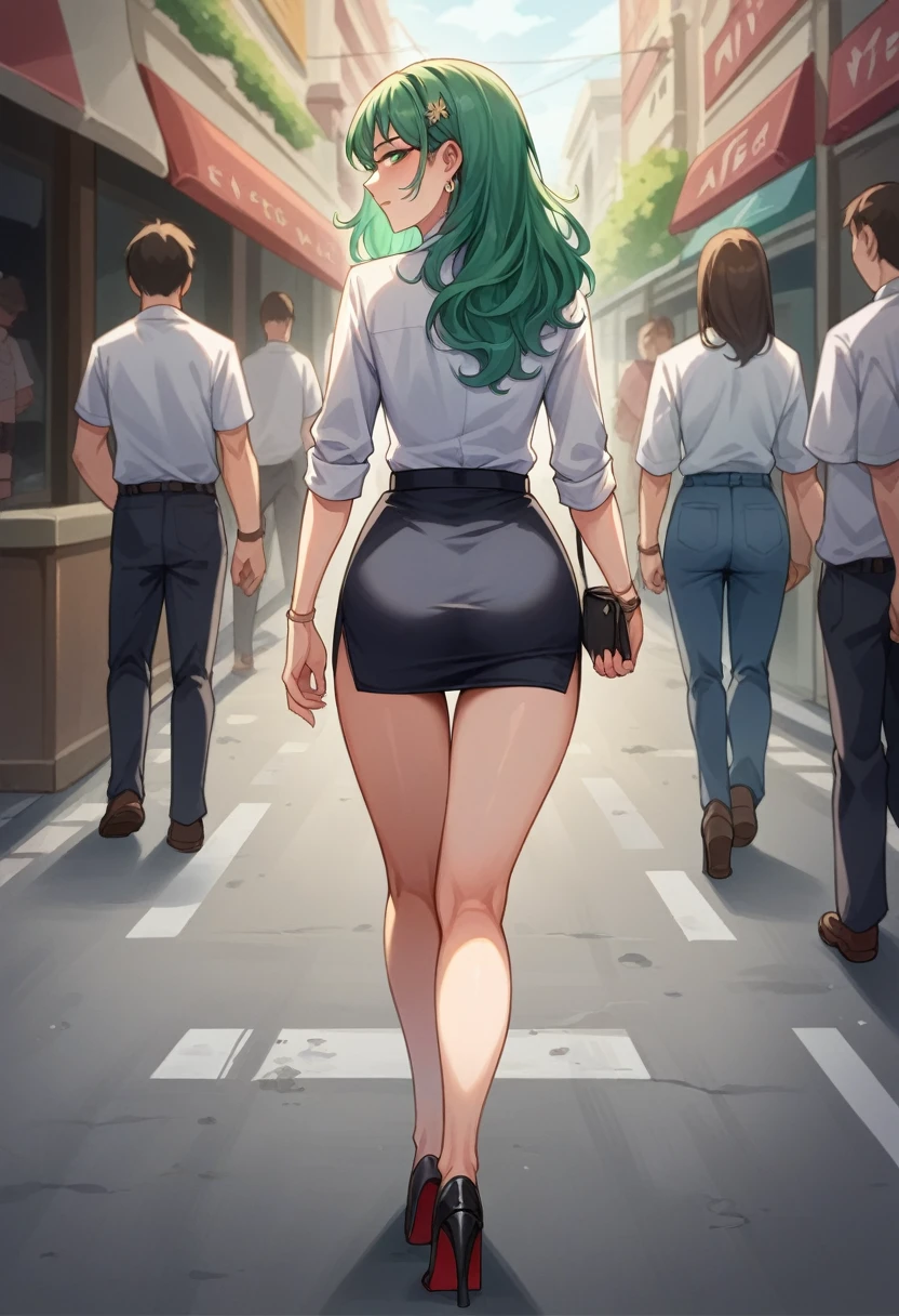 Vin arrives home, third person view, crowded street, Vin a beautiful-looking girl, human, female, 25, long green hair, slim and sexy figure, wearing sexy office top and mini skirt, high pump heels. Vin semi naked. Vin walks home. People staring at Vin. Small amount of cum showing from Vin's ass. Vin has a beautiful butt plug. Vin walking, upper thighs visible.