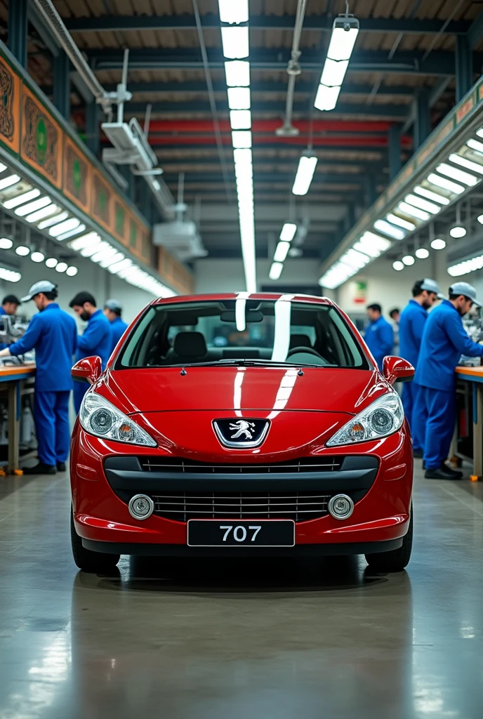 A Peugeot 207 car manufactured by Iran Automobile Company, inside the factory with the national license plate of Iran, the image of symbols from Iran



