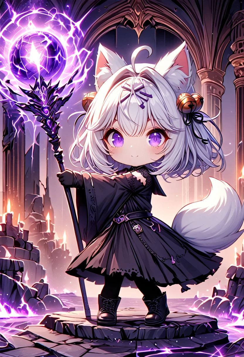 master piece, best quality, ultra-detailed, illustration, midnight, battlefield, gloomy atmosphere, broken castle, broken walls, ruins, purple flames, purple lightning,  1girl, solo, chibi, (big head), cute pose, front view, looking at viewer, ((full body Close up)), chubby, fat, filian, filianoverall, Filiansailor, ((white hair)) , short hair, shoulder length hair, fly-away hair, bangs, hairclip, purple hair ornament, cat ears, (hair bell:1.3) ahoge, purple eyes, closed mouth, smiling, (white fox tail), (black tattered robe), long gown, black arm sleeves, black gloves, wielding orbstaff, black stockings, black boots