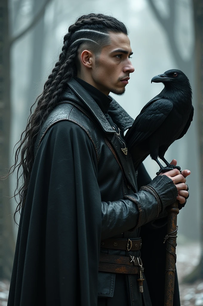RPG filter
Half-elf, offwhite, with a staff and a raven
Rebellious, militar, short black hair, with white streaks in their hair , he is a man, no beard but very masculine, bad boy, burglar, He's not that old, around 24 years old, has no fringe, His hair is pulled back in braids with shaved sides, He has a white streak, badass