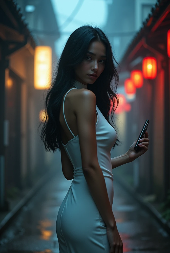 A captivating noir-style illustration of a confident and poised young woman with dark skin and flowing black hair, reminiscent of a female manga character by Taite Kubo, she wears a sleeveless white cheongsam, She exudes confidence and arrogance with her smartphone, ready for action with her smartphone, The realistic shading highlights her curves, elongating her legs and accentuating her hourglass figure. Against the backdrop of mist and a dimly lit entrance to a Japanese street, the neon lights cast a warm, inviting glow on the damp character. The blurred cityscape adds depth, while the backlight creates a dramatic atmosphere of intrigue and danger. The SLR's exceptional lighting and shadows accentuate the realistic features, while the cinematic close-up lighting highlights the intricate details of her elaborate makeup. Shot with Unreal Engine 5 and high-speed photography, DSLR, Nikon D750, cinematic and impressive,