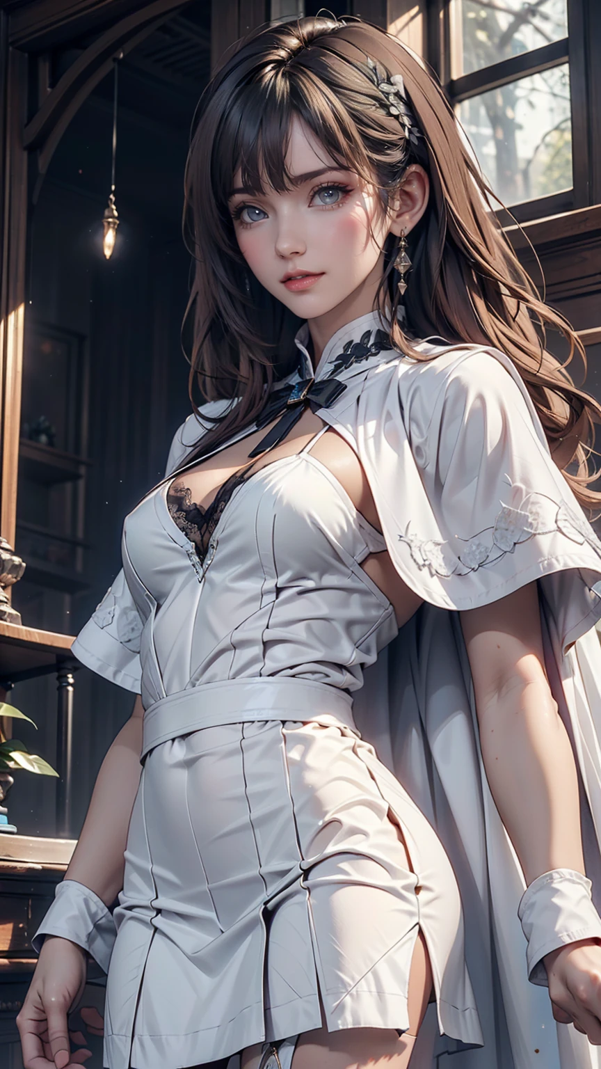 (Game CG,Highest quality,masterpiece:1.3),1 gigi, White capelet, White Dress, skirt