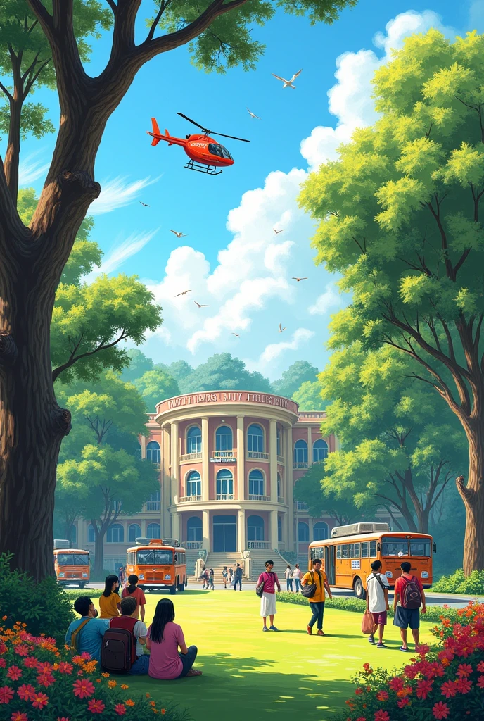 (photorealism:1.2) NBS Pillay University, studying students, buses, helicopter, trees, plants, Groton, flowers, flying birds