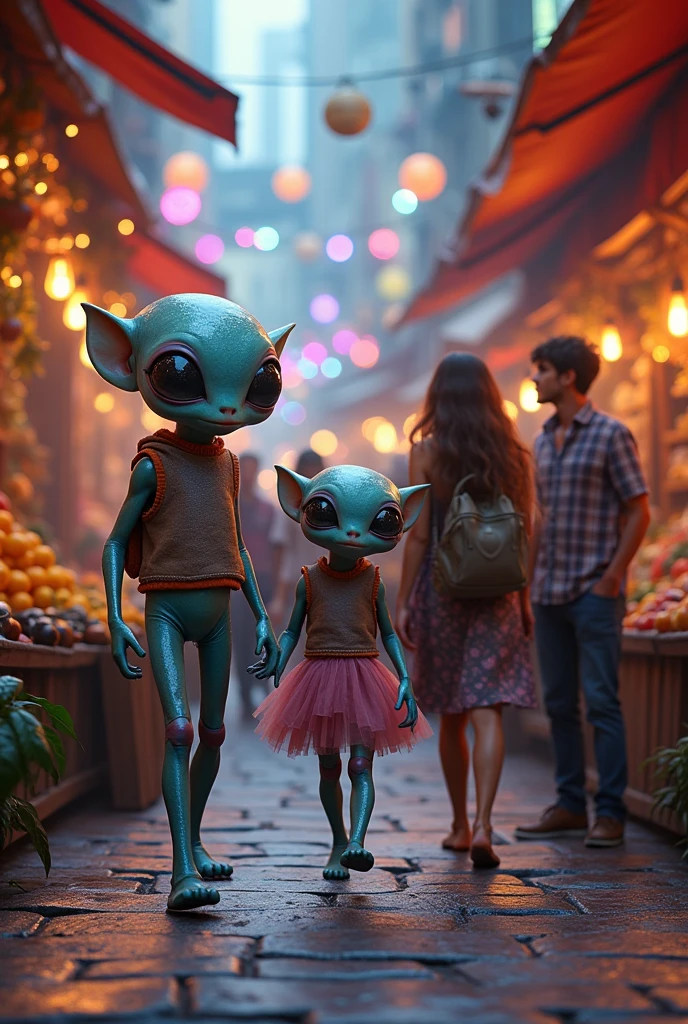 Alien and humans walking together