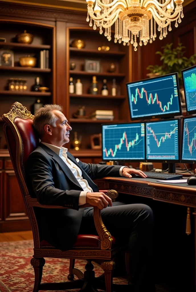 A rich trader who is doing his work sitting on a chair he is very rich