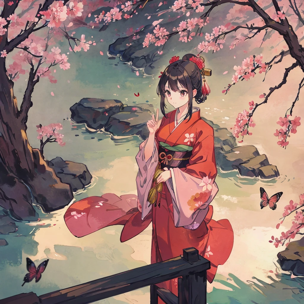 beautiful woman,red kimono, sakura forest, dark night, Beautifully Aesthetic,, peace, tranquility, serenity, petals, butterflies,