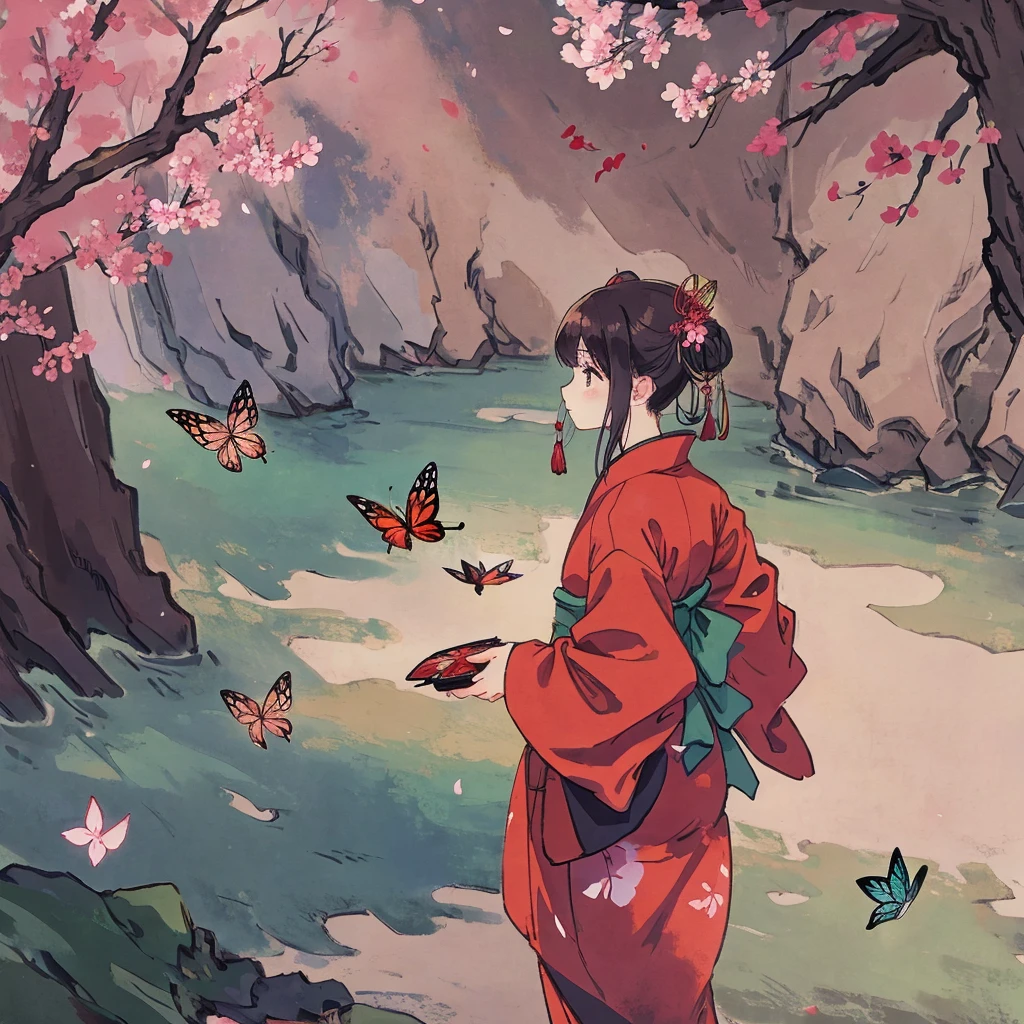 beautiful woman,red kimono, sakura forest,  dark night, Beautifully Aesthetic,, peace, tranquility, serenity, petals, butterflies, 