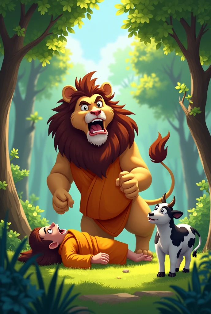 This scene is set in a clear area within a dense green forest, where a lion is seen attacking a sage. The lion's two front paws are pressed against the sage's chest, and it is roaring fiercely. The sage, dressed in traditional orange robes, is lying on the ground with a look of shock on his face. A short distance away, a cow with black and white spots stands watching the scene. Tall trees and lush greenery surround the scene, creating a peaceful yet tense atmosphere, highlighting the contrast between wild and serene life. 2D cartoon style image