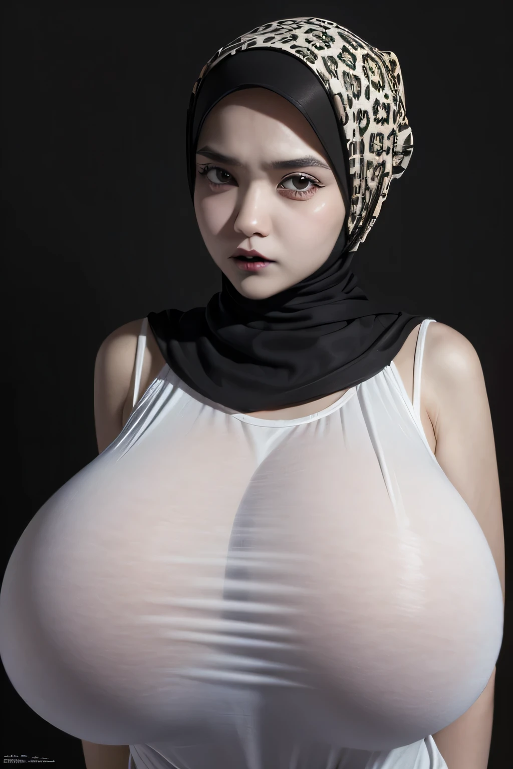 ((GOTHIC GOTH GIRL BLACK LIPS)), Jumbo (Singlet), Chubby adorable, 1 girl, (face to face), , baby face, angry face expression, half body portrait, (face details: 1), (eye details: 1), ((big breasts)). wearing transparent transparency soft long shirt, hijab, .. Cute posed. proportional body. Ultra High Res. realistic: 1.4, UHD, ((white leopard pattern)), ((Bigger:2.4)), (((DARK BACKGROUND)))