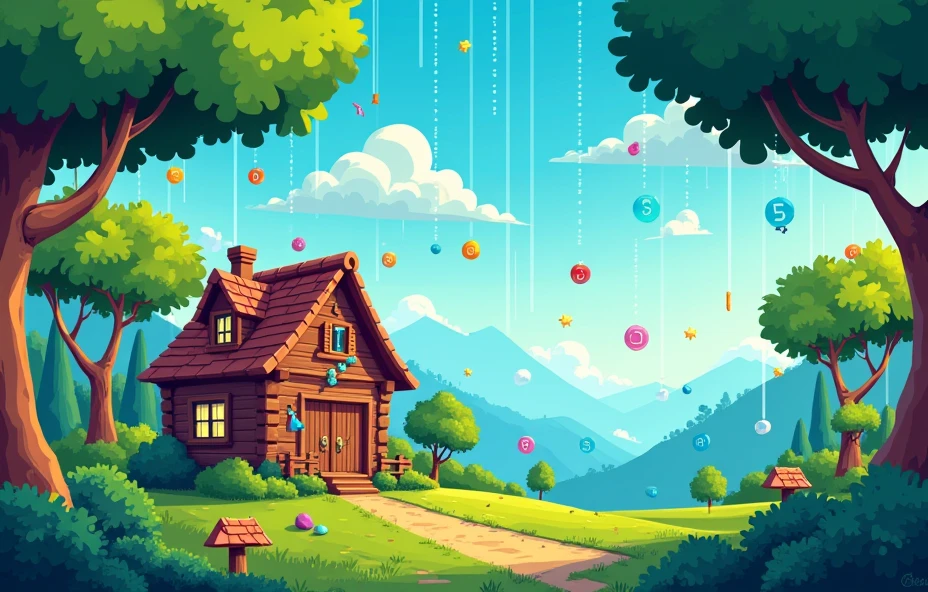 Create a background for the main menu of an educational game Include a landscape filled with tree, brown house, and data in various forms rain binary, pixel art, simple one