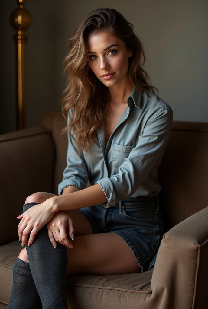 A woman in tights and a shirt is sitting on a couch, anna nikonova、Also known as New Milky Way, wearing a gray shirt, Knee-high socks and skirt, shiny tights, Elegant seductive pose, seductively looking forward, very seductive pose, elegant pose, Mia Kishner, sexy look, captivating and fascinating, ekaterina, amaranth