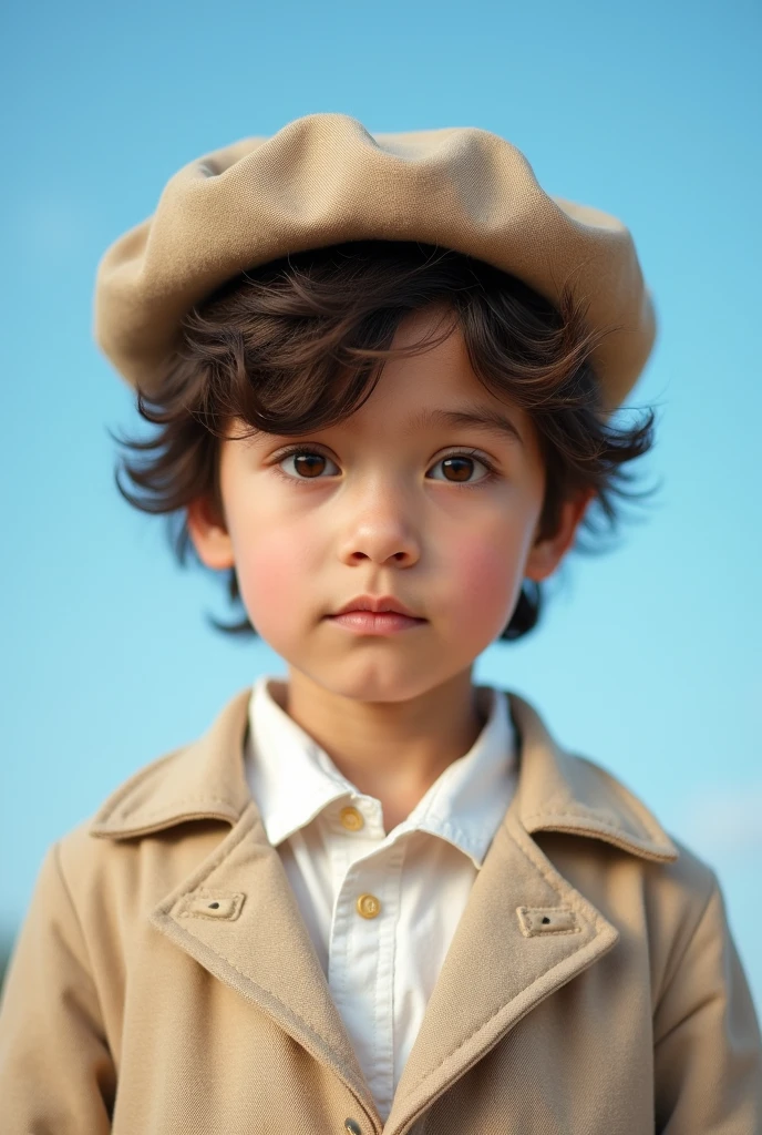 4K Vivid Girl Child, , boys, gram, naturey, Messy hair, Dark Brown Short Hair, hazel eyes, glare eyes, Photographic Model, Country Peasant Dress , little man, masculine, blue sky , beige linen suit jacket , and beret , short social haircut, boy