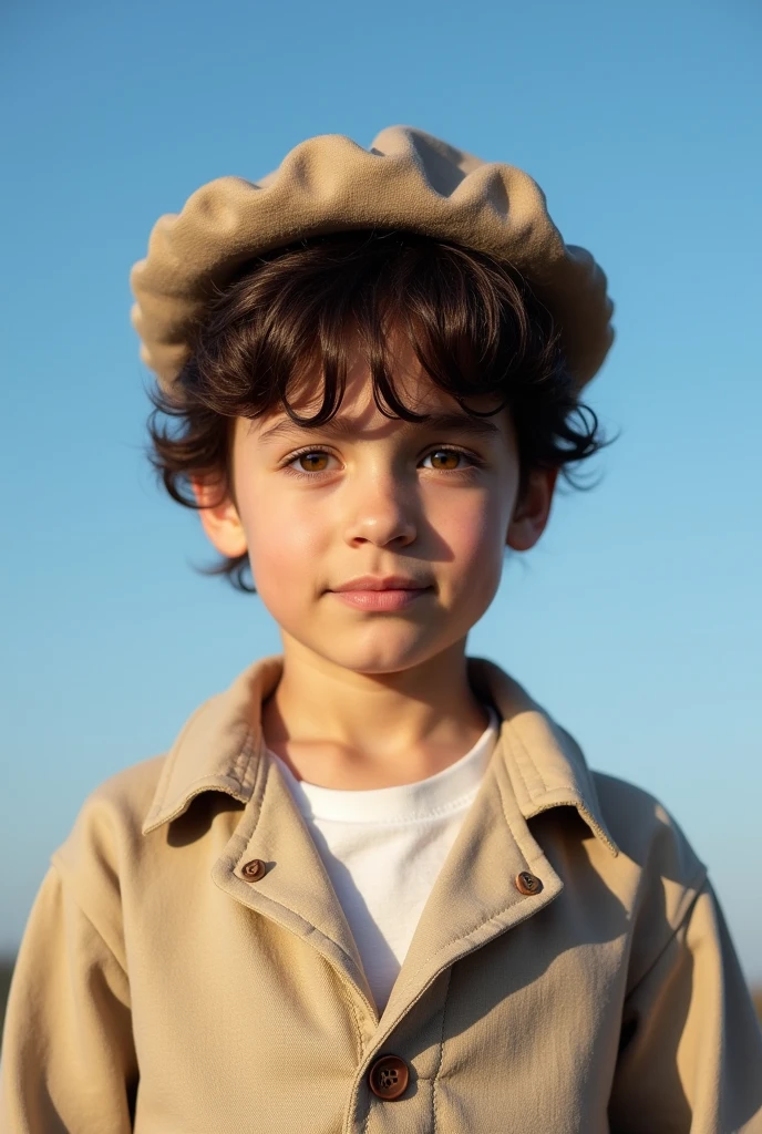 4K Vivid Girl Child, , boys, gram, naturey, Messy hair, Dark Brown Short Hair, hazel eyes, glare eyes, Photographic Model, Country Peasant Dress , little man, masculine, blue sky , beige linen suit jacket , and beret , short social haircut, boy