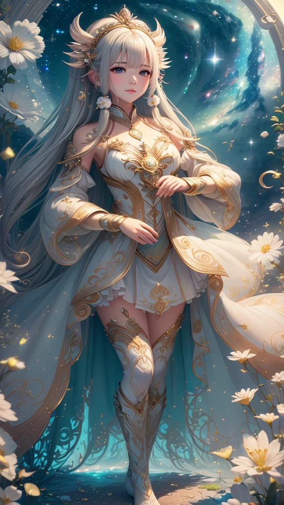 (masterpiece、Highest quality、Highest quality、Beautiful and beautiful:1.2)、Excellent anatomy、The delicate story of a girl with milky white hair、Looking up at the stars、Expressive eyes、Astrologer costume、Wrapping up、Fog rising from the feet、flash、Illumination、12 Zodiac Signs、Going around、Standing at the entrance to the ground labyrinth、Interpreting the Starry Sky、Luminous Splash in Both Hands、Four delicate fingers and one thumb、Fulfilled、Overflowing、lime、Beautiful 3D、Deep Background、Fantasy art