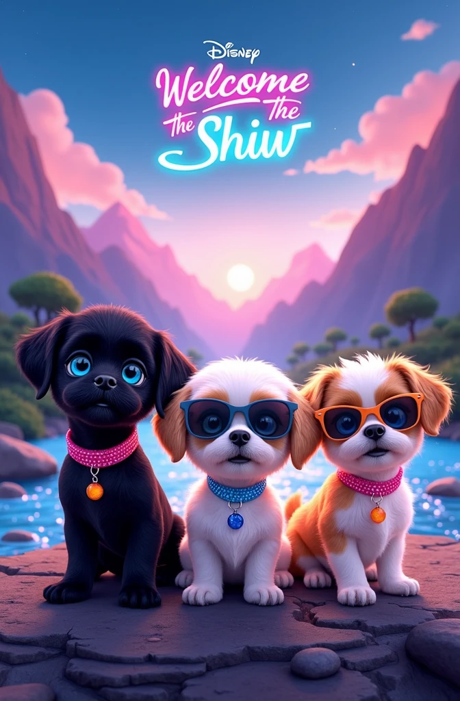 Create a disney movie poster titled Welcome to the Shiht Show in neon colors, mountains and creek on poster, 2 adorable black shih tzu puppies with big blue eyes wearing bright collars and sunglasses, names Violet and Oakley, 1 white shih tzu puppy with light blue eyes wearing a bright pink collar and sunglasses, name lil miss mollie, 1 gold and white shih tzu puppy with light blue eyes wearing a rhinestone collar and sunglasses, name Auggie, 1 white with brown tips shih tzu puppy with light blue eyes wearing a rhinestone collar and sunglasses, name Parker, happy, cheerful, playful, excited, bright colors in background, 3D Pixar style