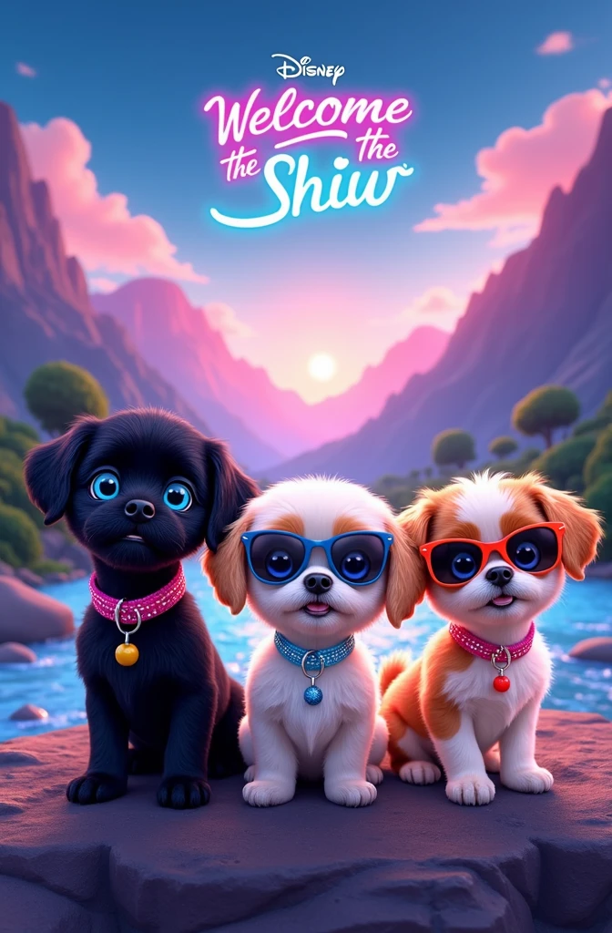 Create a disney movie poster titled Welcome to the Shiht Show in neon colors, mountains and creek on poster, 2 adorable black shih tzu puppies with big blue eyes wearing bright collars and sunglasses, names Violet and Oakley, 1 white shih tzu puppy with light blue eyes wearing a bright pink collar and sunglasses, name lil miss mollie, 1 gold and white shih tzu puppy with light blue eyes wearing a rhinestone collar and sunglasses, name Auggie, 1 white with brown tips shih tzu puppy with light blue eyes wearing a rhinestone collar and sunglasses, name Parker, happy, cheerful, playful, excited, bright colors in background, 3D Pixar style