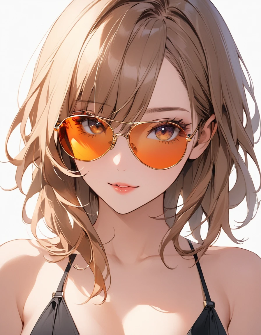 A stylish woman in her 20s, focusing on her upper body with no background. She is slightly lowering her sunglasses, revealing her eyes with a confident and playful expression. Her gaze is direct, adding a touch of mystery and allure. The image captures a moment of intrigue and charm, highlighting her bold personality.