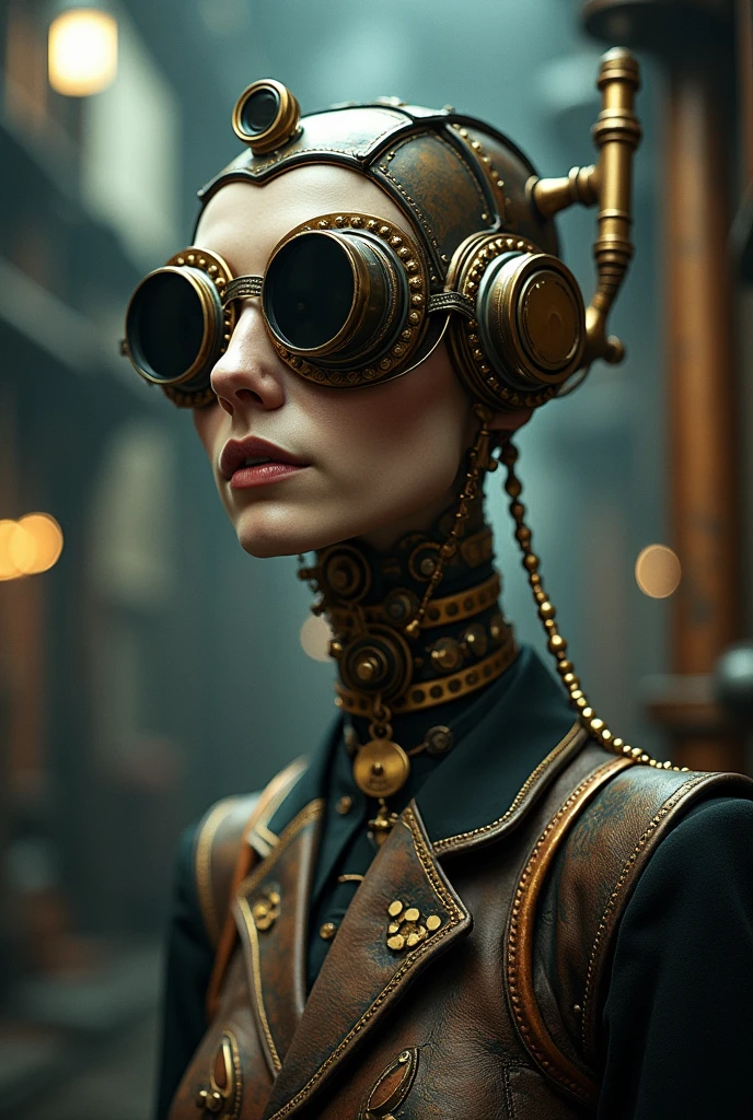 A raw photo captured with a 35mm film camera, featuring noticeable film grain. The subject is a steam-punk human with an elongated neck, adorned with metallic gears, brass tubes, and intricate mechanical components. The human has a Victorian-era outfit with a high collar, goggles on their forehead, and a monocle. The background is slightly blurred with a mix of industrial elements and soft, diffused lighting, creating a vintage, gritty atmosphere