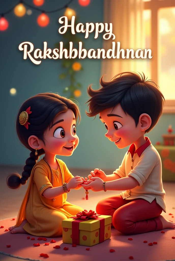 Generate an animated image of sister tying rakhi to her brother
 and brother is keeps the gift at side to gift to his sister of  cute image and write happy rakshabandhan in it at back