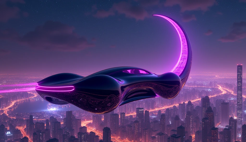 Violet Eclipse: A dark purple futuristic car with a smooth, sleek design, shaped like a crescent moon. The vehicle hovers above a sprawling city at night, with its body reflecting the neon lights below. The car’s design is elegant and mysterious, with subtle luminescent details that enhance its otherworldly appearance. [Hyperrealistic digital art, inspired by celestial themes and futuristic tech], [Nighttime cityscape, neon lighting, focus on the car’s crescent shape, sharp details].