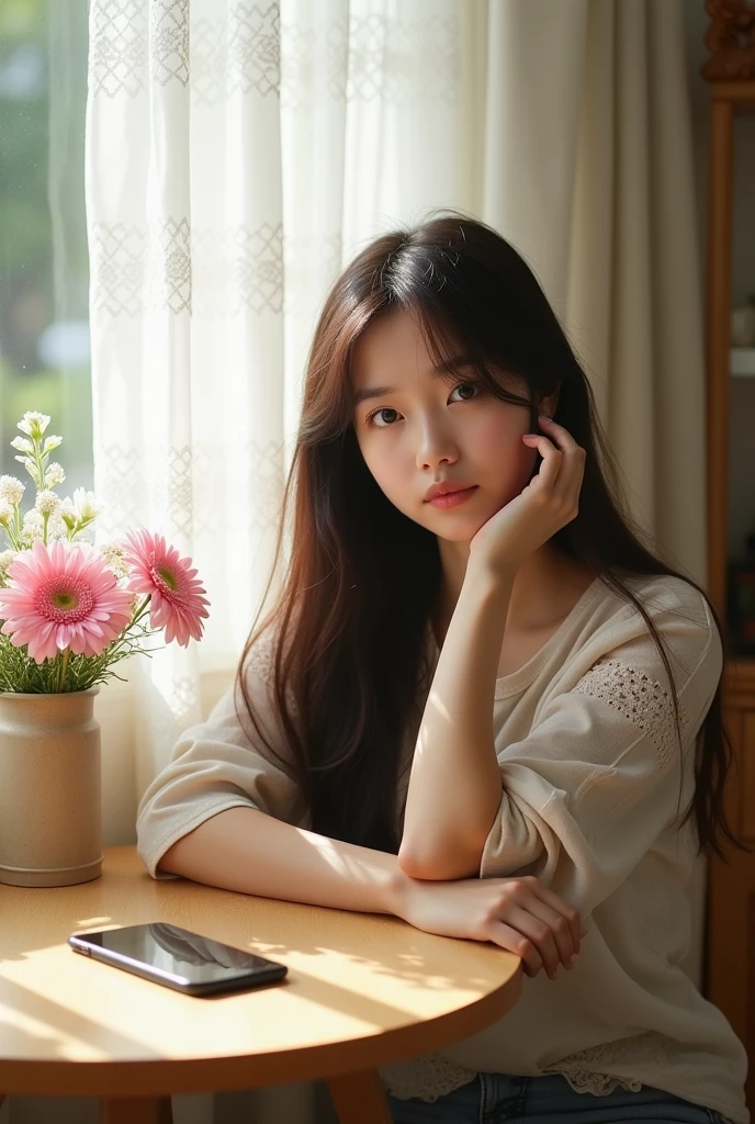 A 20-year-old woman, with a cute room, a large window in a Western-style building, a Western-style room, a table(A round beige table)A woman with long hair, Japanese, human-like manga, with beautiful details, looking melancholic and lonely, eyes open, brown eyes. She is leaning on a table with an iPhone on it. There is a vase with pink gerberas, white small flowers, and a white vase by the window. She is looking at the iPhone on the table. There is a white lace curtain.