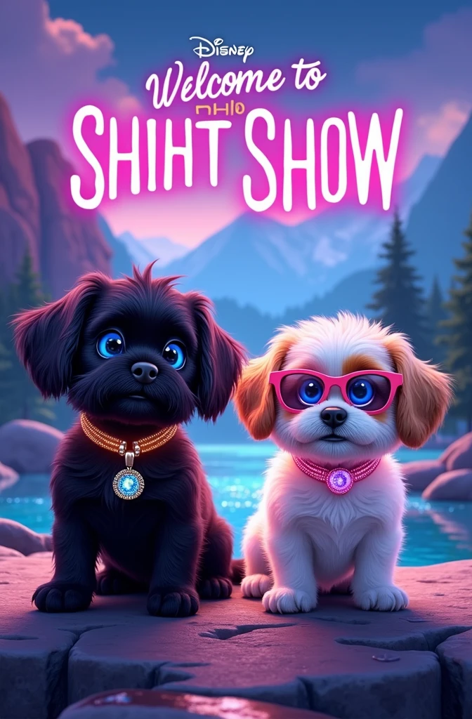 Create a disney movie poster titled Welcome to the Shiht Show in neon colors, mountains and creek on poster, 2 adorable black shih tzu puppies with big blue eyes wearing bright collars and sunglasses, names Violet and Oakley, 1 white shih tzu puppy with light blue eyes wearing a bright pink collar and sunglasses, name lil miss mollie, 1 gold and white shih tzu puppy with light blue eyes wearing a rhinestone collar and sunglasses, name Auggie, 1 white with brown tips shih tzu puppy with light blue eyes wearing a rhinestone collar and sunglasses, name Parker, happy, cheerful, playful, excited, bright colors in background, 3D Pixar style