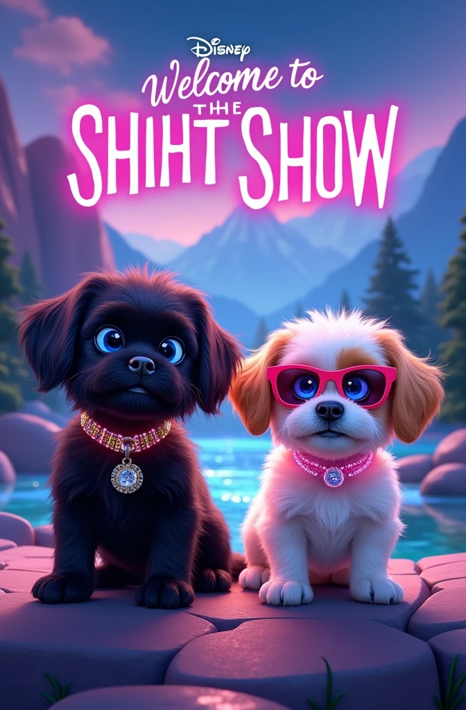 Create a disney movie poster titled Welcome to the Shiht Show in neon colors, mountains and creek on poster, 2 adorable black shih tzu puppies with big blue eyes wearing bright collars and sunglasses, names Violet and Oakley, 1 white shih tzu puppy with light blue eyes wearing a bright pink collar and sunglasses, name lil miss mollie, 1 gold and white shih tzu puppy with light blue eyes wearing a rhinestone collar and sunglasses, name Auggie, 1 white with brown tips shih tzu puppy with light blue eyes wearing a rhinestone collar and sunglasses, name Parker, happy, cheerful, playful, excited, bright colors in background, 3D Pixar style