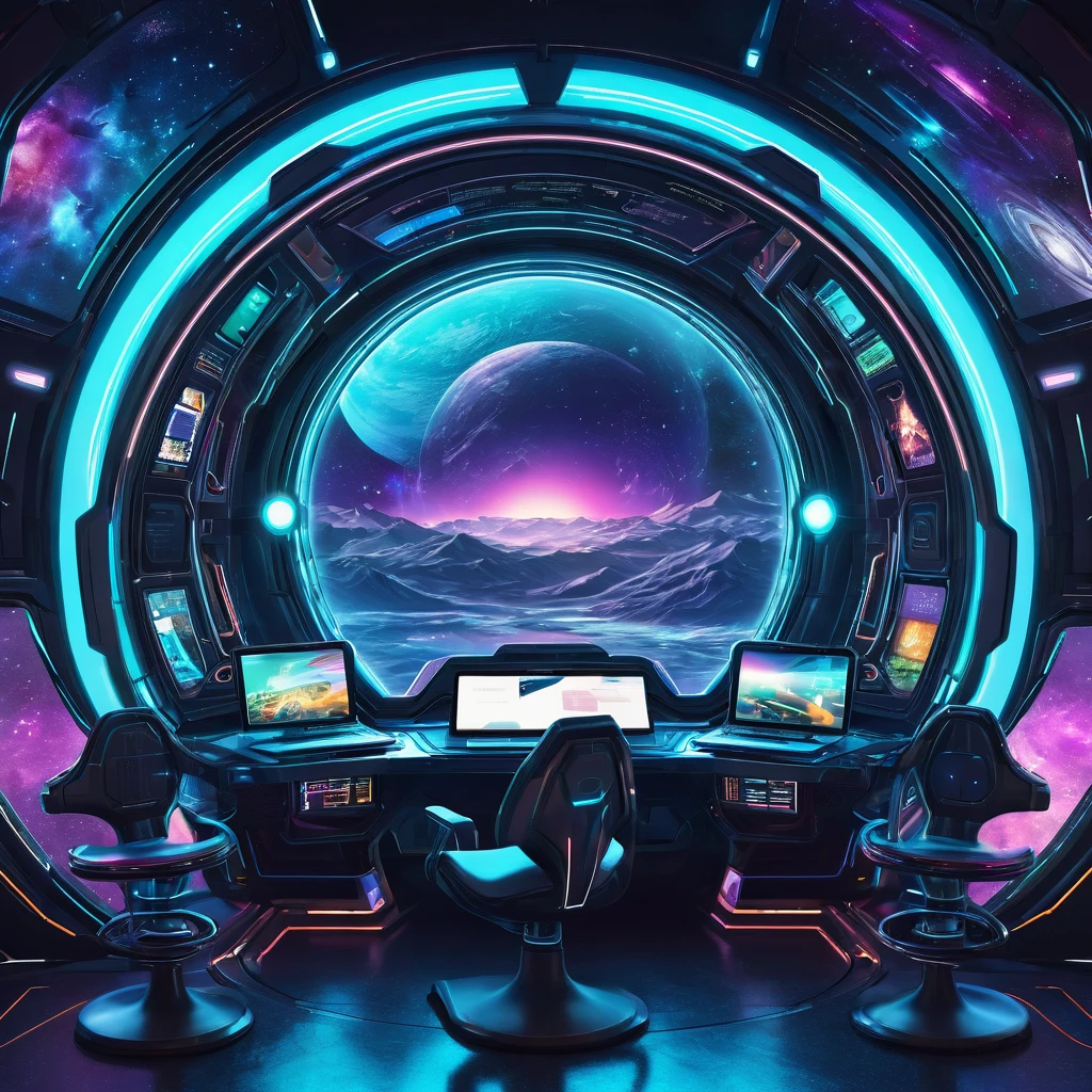 generate a brand strategy image in a futuristic intergalactic style in the form of. There should be a navigator (computer). Make a wild style