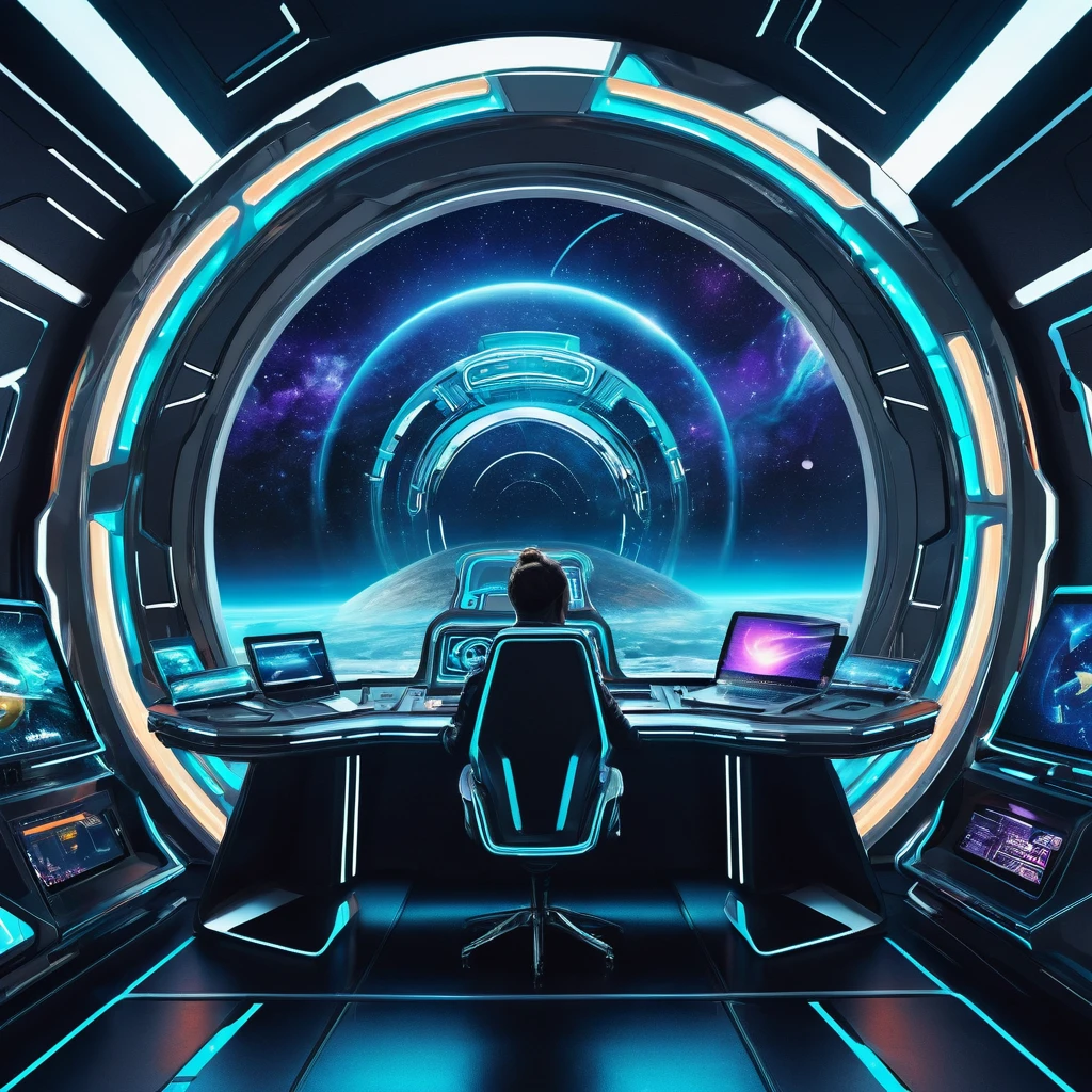 generate a brand strategy image in a futuristic intergalactic style in the form of. There should be a navigator (computer). Make a wild style