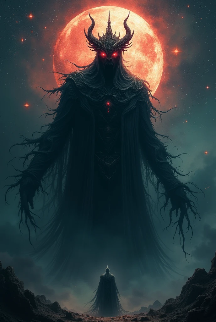 Nihilax, the Endbringer, is a colossal, shifting entity of pure darkness. Enveloped in the **Shroud of Oblivion**, his featureless void-like face is marked by glowing crimson eyes. Dark tendrils writhe from his form, and the **Oblivion Crown**, adorned with ancient symbols, hovers above him, radiating an aura of ultimate destruction and cosmic dread.