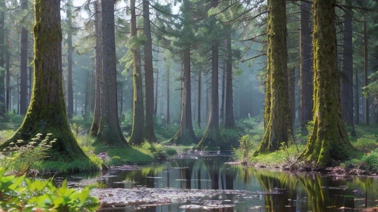 There is a natural pond in the virgin forest.,It is raining.,morning haze,drop