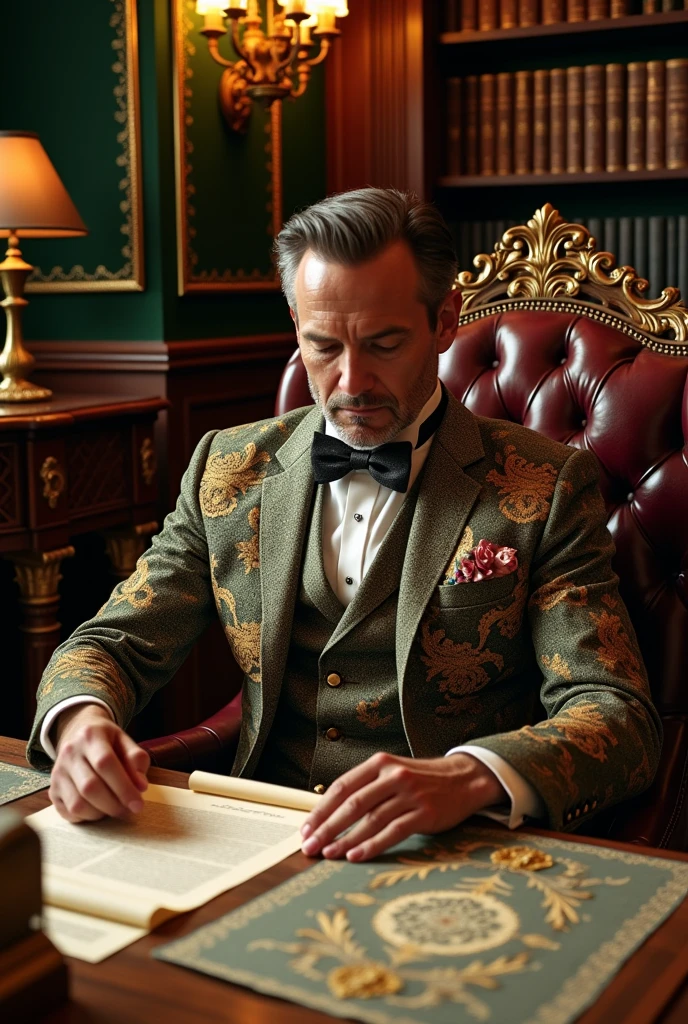 A rich trader who is doing his work sitting on a chair he is very rich