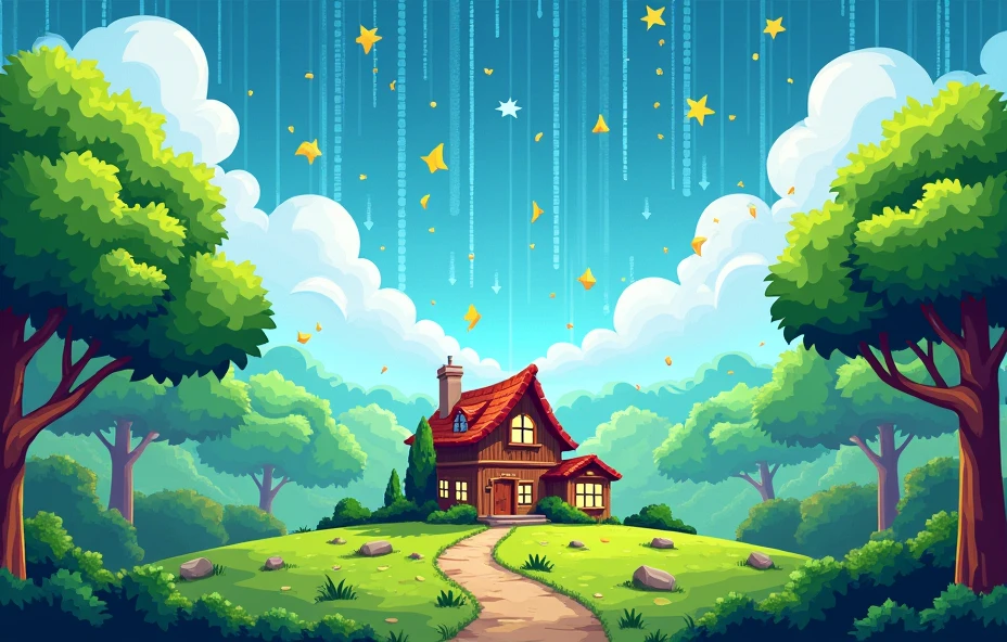 Create a background for the main menu of an educational game Include a landscape filled with tree, brown house, and data in various forms rain binary, make in pixel art