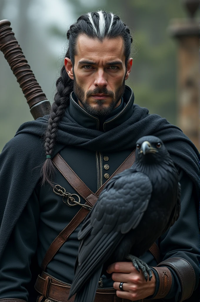 RPG filter
Half-elf, offwhite, with a staff and a raven
Rebellious, militar, short black hair, with white streaks in their hair , he is a man, no beard but very masculine, bad boy, burglar, He's not that old, around 24 years old, has no fringe, His hair is pulled back in braids with shaved sides, shorth hair, He has a white streak, badass, Your uniform is medieval military