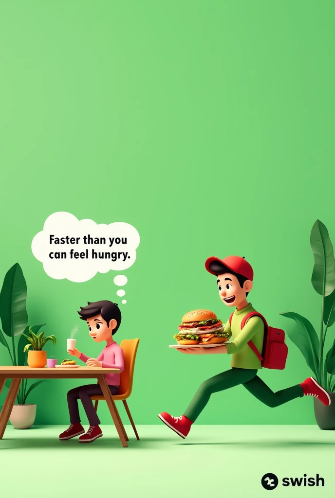 A green-themed advertisement for Swish, a food delivery startup. The image features a person sitting at a dining table hungry with a thought bubble that reads 'I am hung...'.
a delivery boy is swiftly and passionately running towards the dining table with food in hand. The setting is simple, with clean lines and a focus on green tones. At the top of the image, the text reads 'Faster than you can feel hungry,'