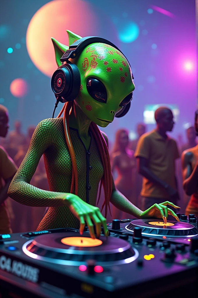 A reggae-loving alien DJ wearing a fishnet shirt