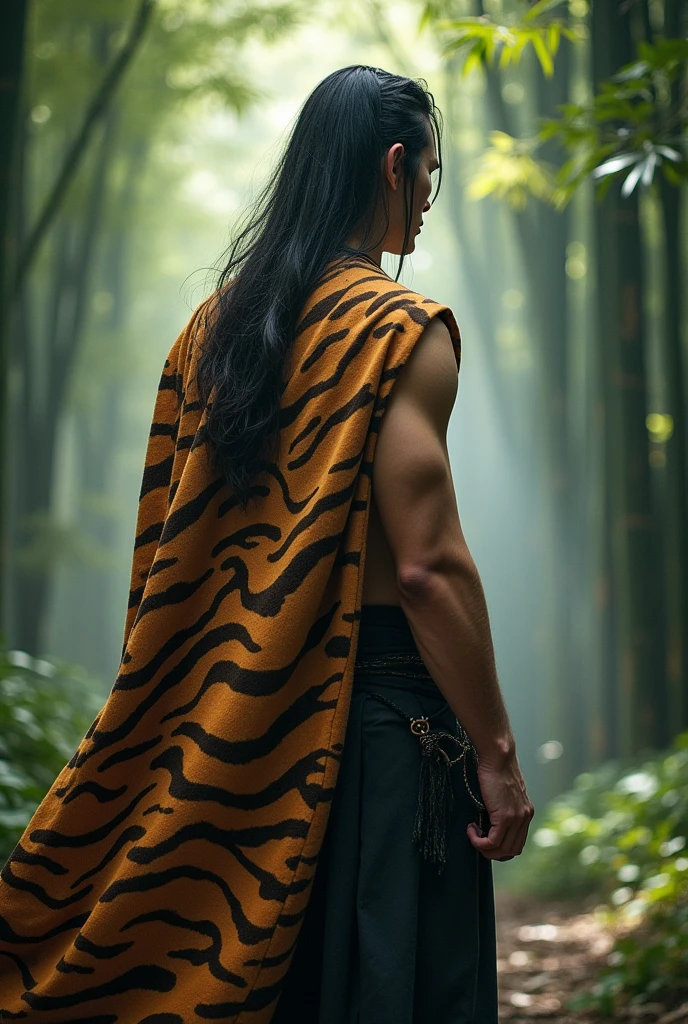 A man with long hair no top dress only japanese shinobi pant . Have a cape of tiger skin