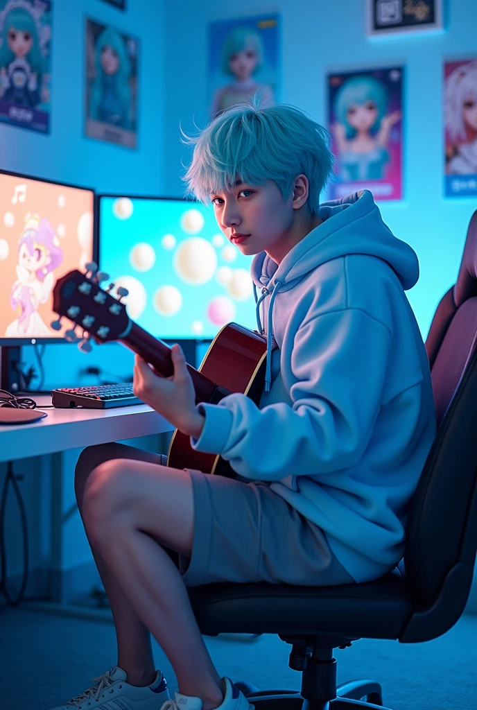 light blue floating hair, sharp eyebrows, and light blue eyes, wearing a light blue hoodie, gray shorts, light blue Adidas shoes, and he is playing guitar, and he is in a blue gaming room, anime themed man