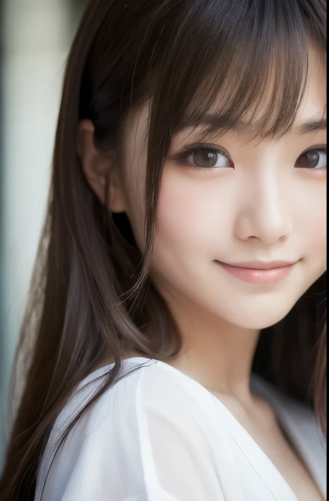 best quality, face focus, soft light, ultra high res, (photorealistic:1.4), RAW photo,(Shinozaki Ai), white skin, kawaii, 1 Japanese girl, solo, cute, (smile), (pupil, lights in the eyes),  detailed beautiful face, Medium-sized breasts,(high resolution detail of human skin texture),(long hair),(portrait), upper body, white traditional kimono