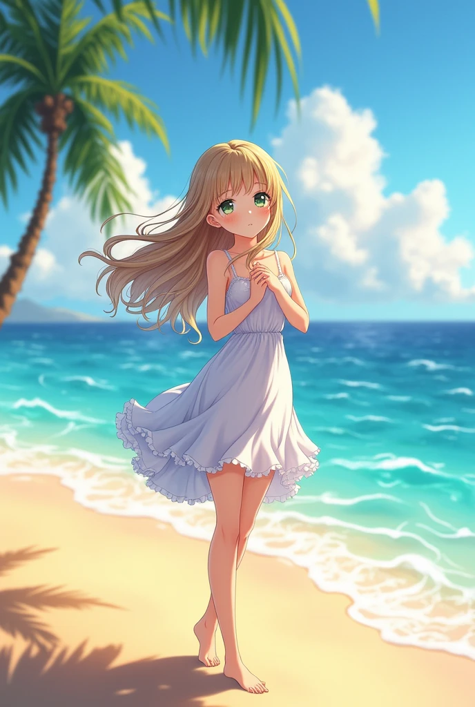 Anime girl nude cover his boobs on hands with visible nipples on beach