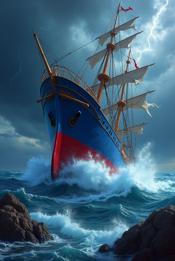 The tip of a blue and red ship sinking