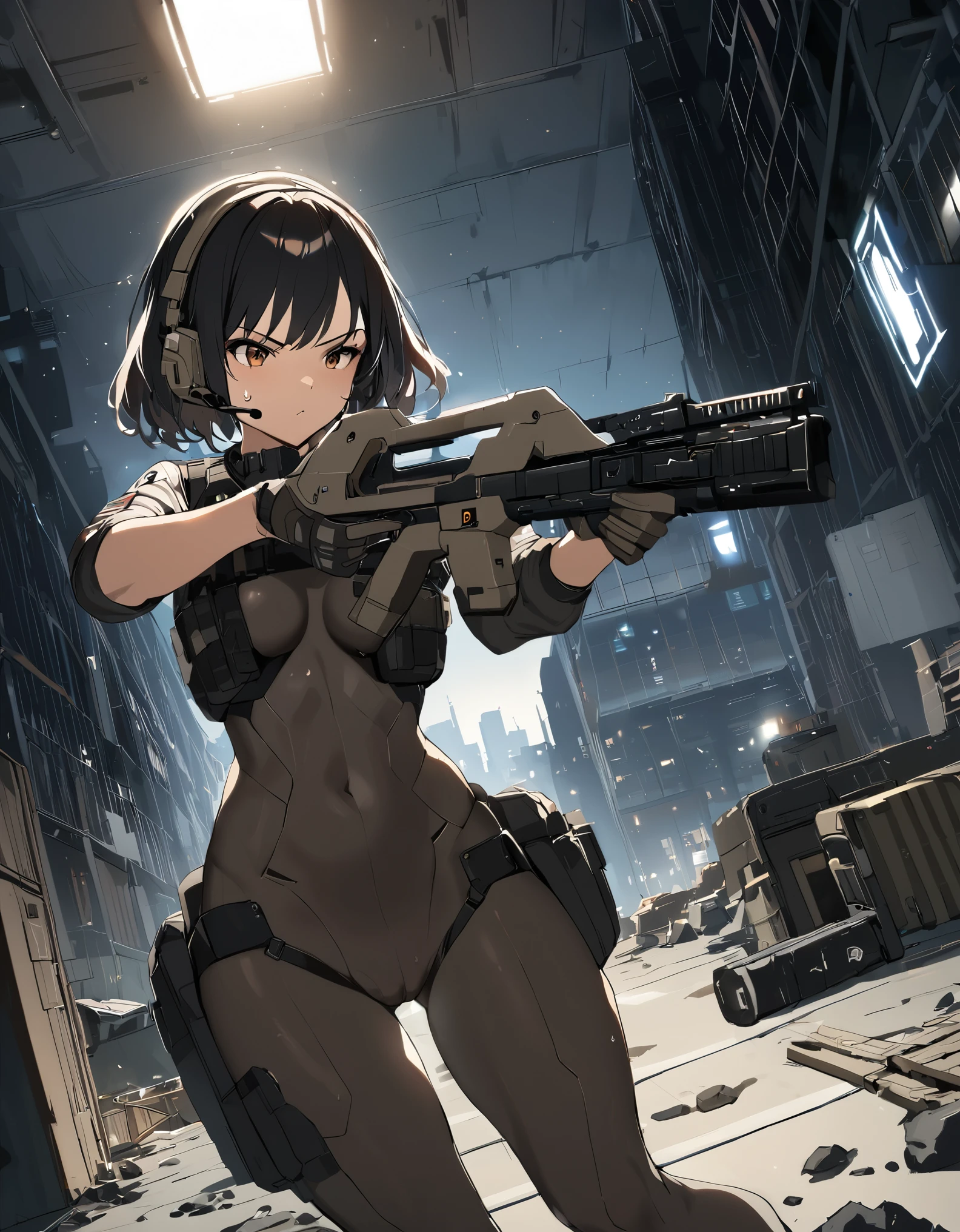 1girl, solo, short hair, black hair, brown eyes, skintight, astronaut, tactical gear, gloves, headset, sweat, serious expression, holding gun, m41apls, aiming, trigger discipline, dutch angle, indoors, warehouse, dark, night, debris, backlighting, new york backdrop, smoke, best quality, masterpiece, alien creature behind her.