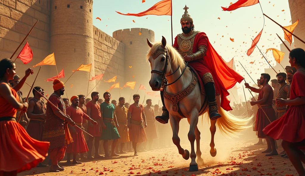 A scene depicting the fort of Mewar, newly reclaimed, with the people of the kingdom celebrating. The fort’s walls are adorned with banners, and Maharana Pratap is shown on horseback, riding through the streets as people shower him with flowers and praise. The atmosphere is festive, with musicians playing traditional instruments and people dancing, symbolizing the revival of Mewar's independence."