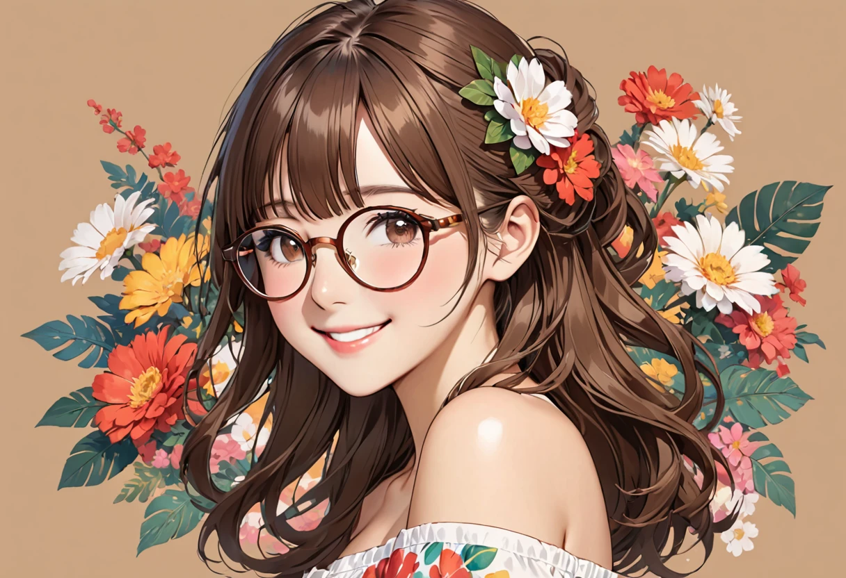 1girl,solo,glasses,brown eyes,smile,looking at viewer,blush,hair flower,flower,hair ornament,upper body,brown hair,bangs,collarbone,closed mouth,bare shoulders,hair between eyes,off shoulder,long hair,floral print,lips,off-shoulder shirt,round eyewear,simple background,breasts,shirt,brown background,brown-framed eyewear,medium hair,white shirt