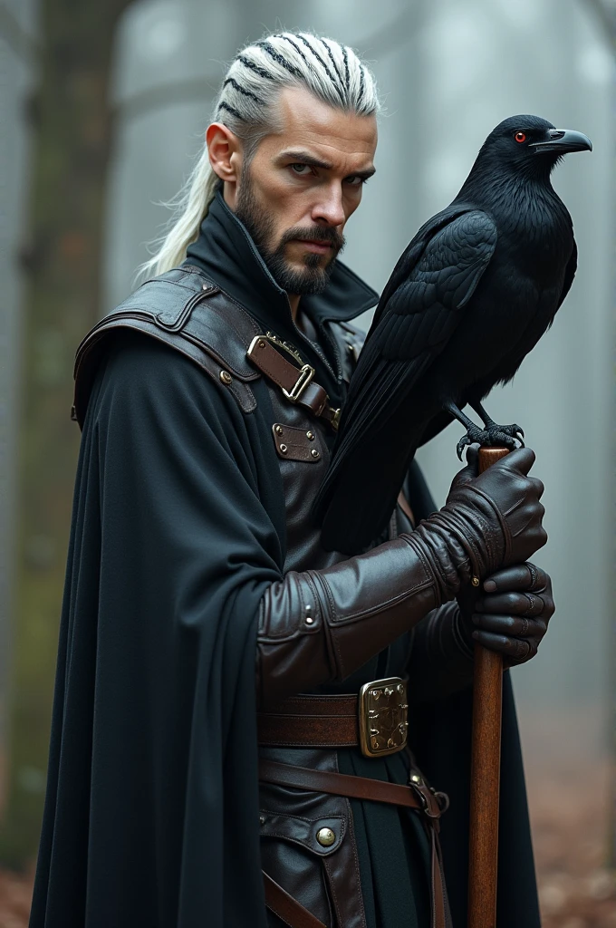 RPG filter
Half-elf, offwhite, with a staff and a raven
Rebellious, militar, short black hair, with white streaks in their hair , he is a man, no beard but very masculine, bad boy, burglar, He's not that old, around 24 years old, has no fringe, His hair is pulled back in braids with shaved sides, shorth hair, He has a white streak, badass, Your uniform is medieval military