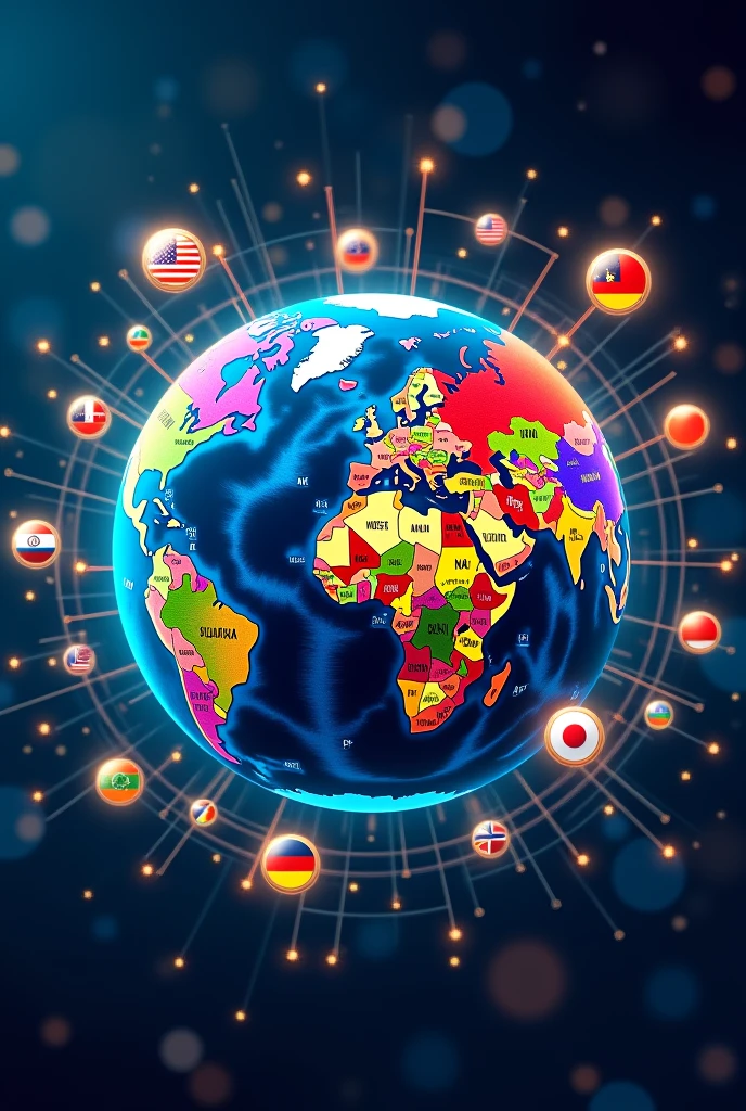 on the globe、multiple orb terminals are placed、Different countries are depicted々icons and national flags are drawn to represent、
around the globe、World ID cards and virtual currency WLD tokens are floating.、
In the background、with digital codes and lines of light drawn、emphasizing technology and global connectivity