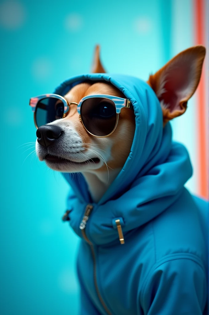 The best cell phone wallpaper, Award-Winning Wallpaper, portrait photography, In the front view is a portrait of a cute dog wearing mid-1960s space age fashion, Side view photo, Shot with Canon EOS R5, Set a strong contrast that accentuates the subject, Fluorescent blue tone, Wearing a very modern coat and sunglasses is a modern 1960s style, Clothes all in one color, beautiful background