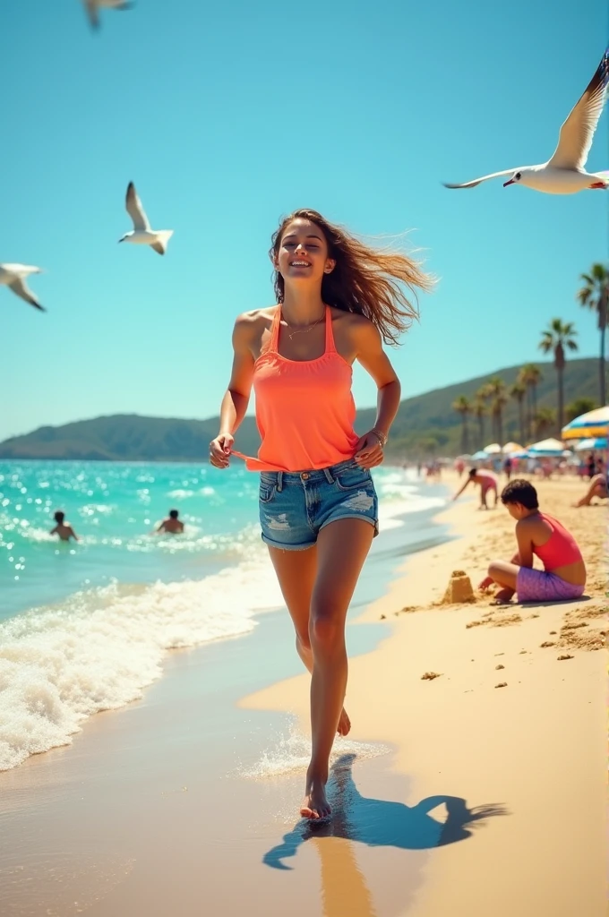 Make some pictures of 20 year old girl in shorts on beach 