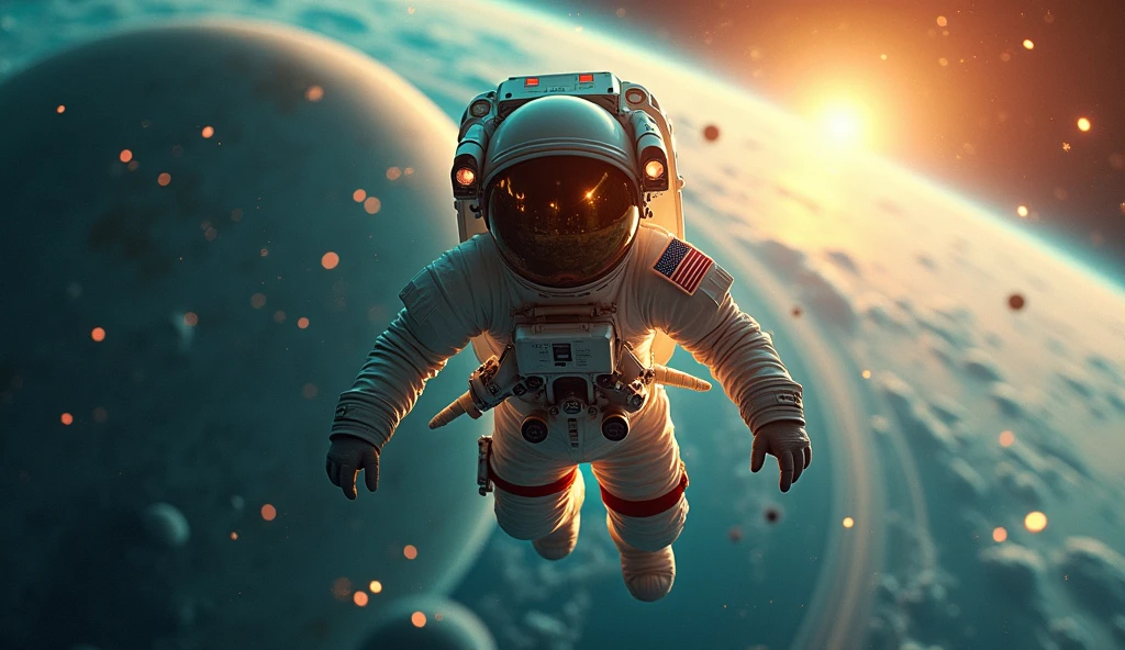 Create an astronaut for me floating in space with some beautiful planets and a very good view