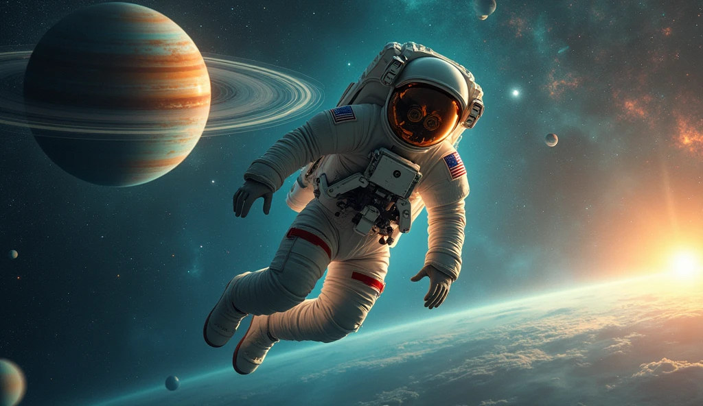 Create an astronaut for me floating in space with some beautiful planets and a very good view